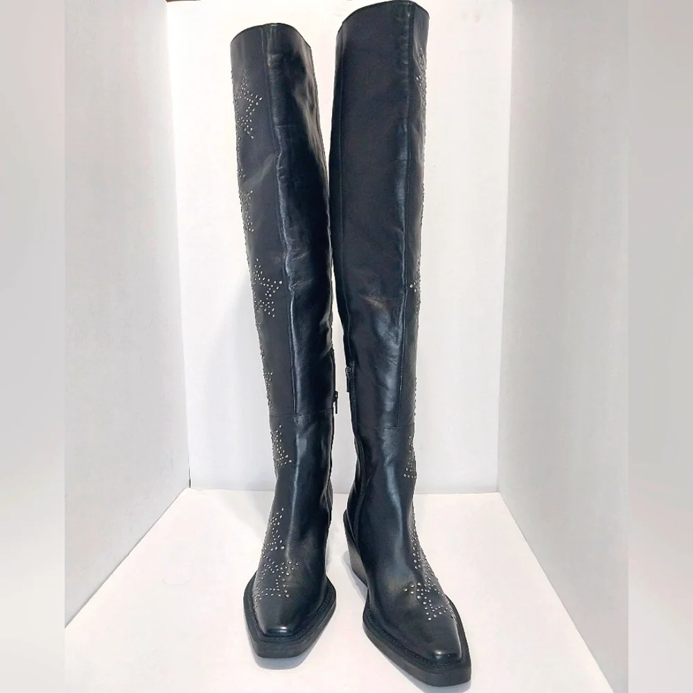 Nasty‎ Gal Real Leather Star Studded Over The Knee Western Boots, NEW, Size 36
